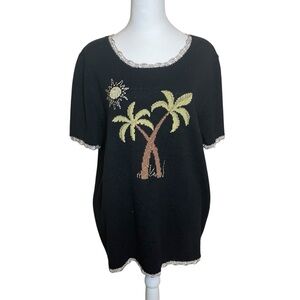 CJ Banks Hand Embroidered Plus Palm‎ Tree Short Sleeve Sweater 1X Coastal Beach